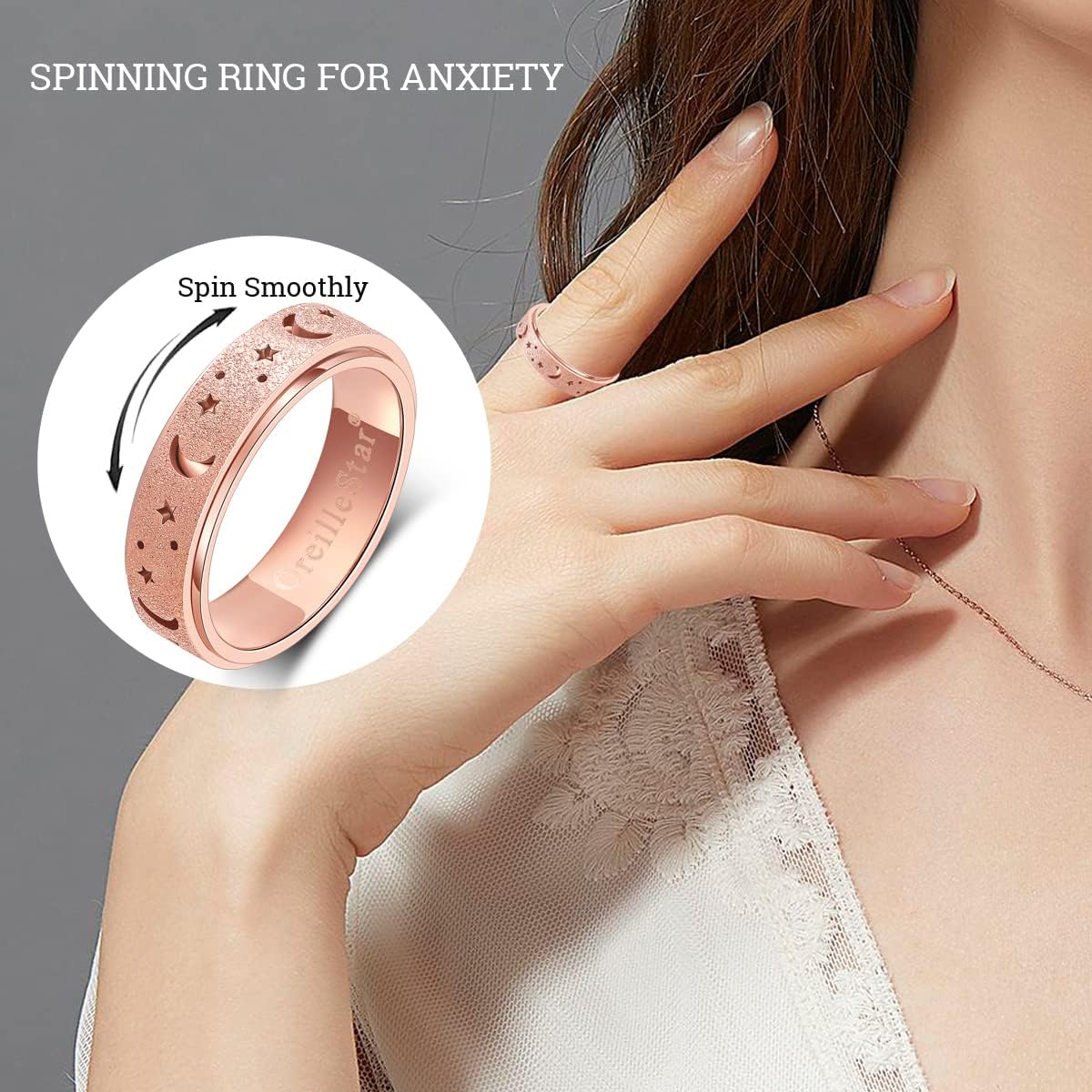 Detalle de Anxiety Ring for Women Spinner Ring – Stainless Steel Fidget Ring for Anxiety Relief (Rose Gold, Size 8)