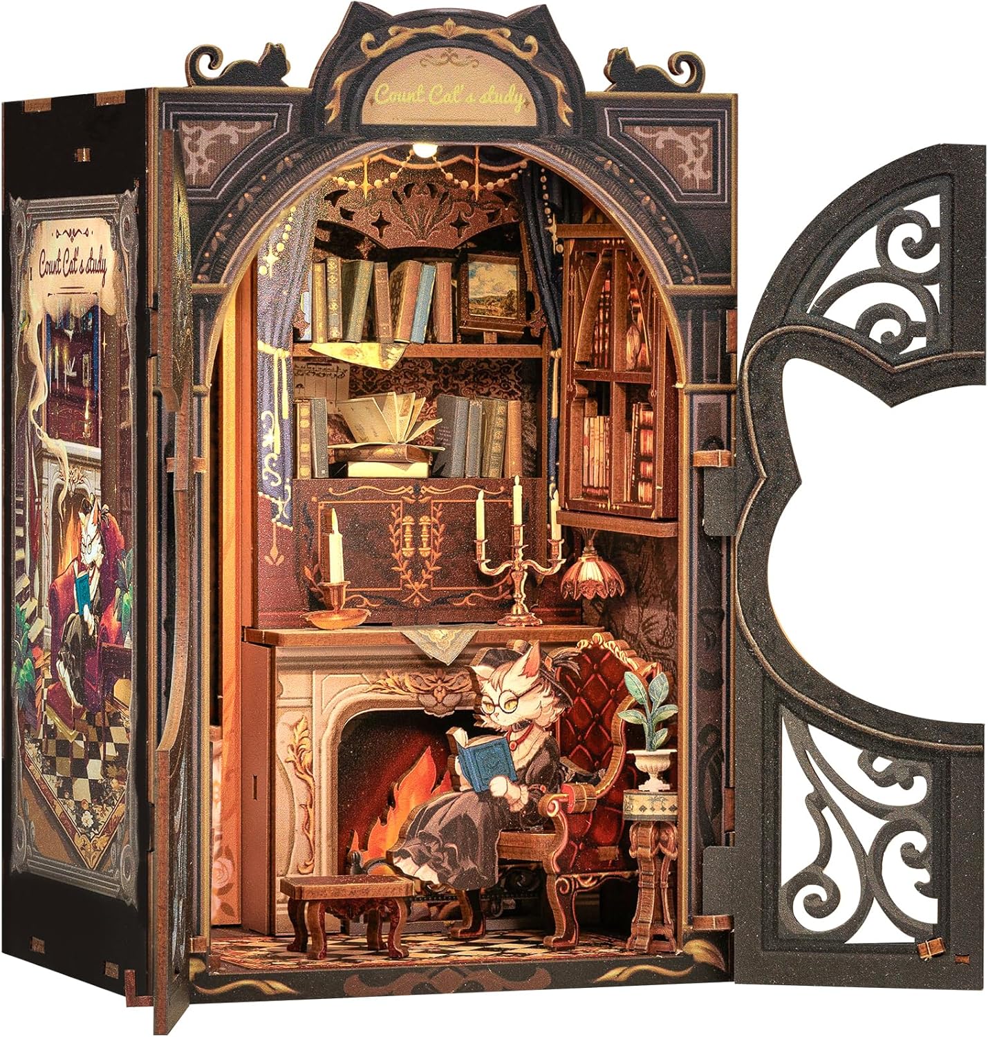 Detalle de CUTEBEE Count Cat’s Study Book Nook Kit mit LED – DIY Puppenhaus Bausatz als Bücherregal-Deko