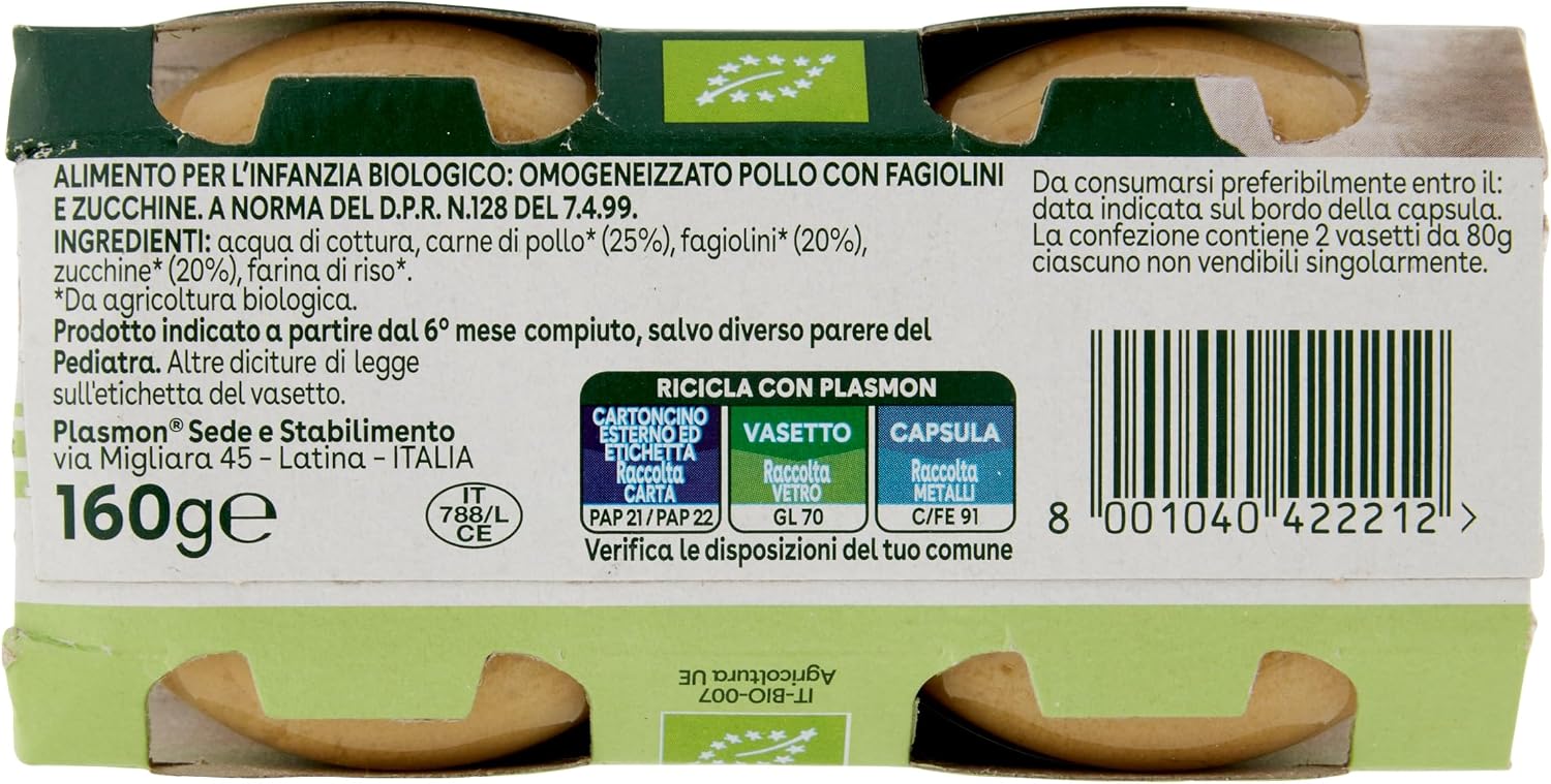 Detalle 2 de Plasmon BIO Omogeneizzato Pollo 2X80g – 12 Confezioni: biologico e delicato per i piccoli