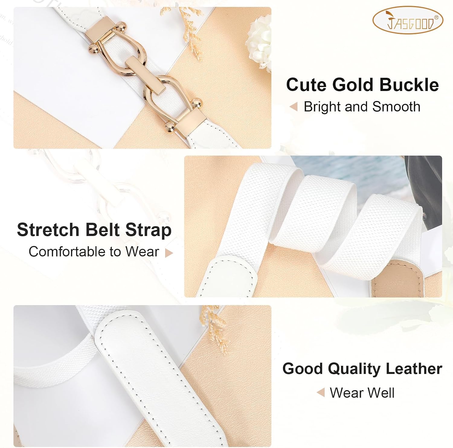 Thumbnail 3 de JASGOOD Women Stretchy Waist Belt with Gold Buckle — Skinny Elastic Belt for Versatile Styling