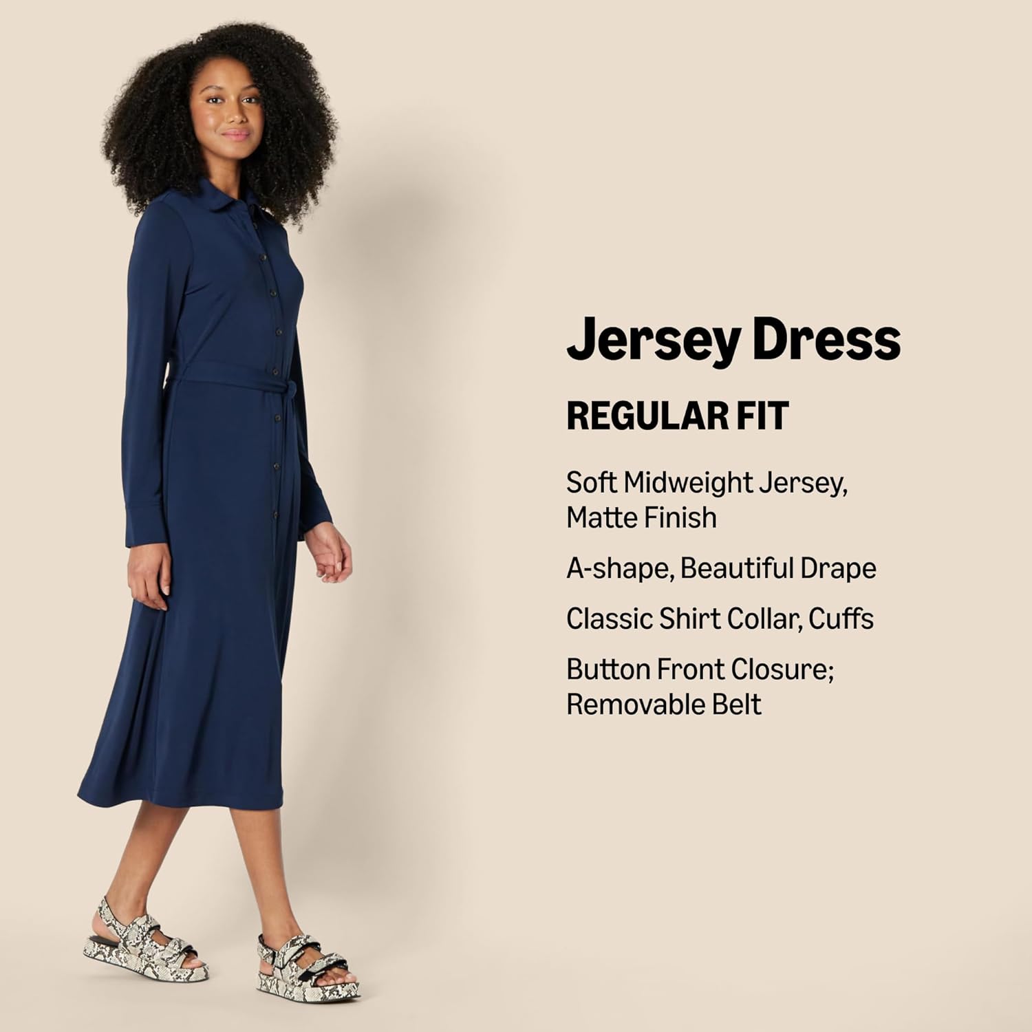 Thumbnail 1 de Amazon Essentials Women’s Regular Fit Long Sleeve Matte Jersey Collared Midi Shirt Dress