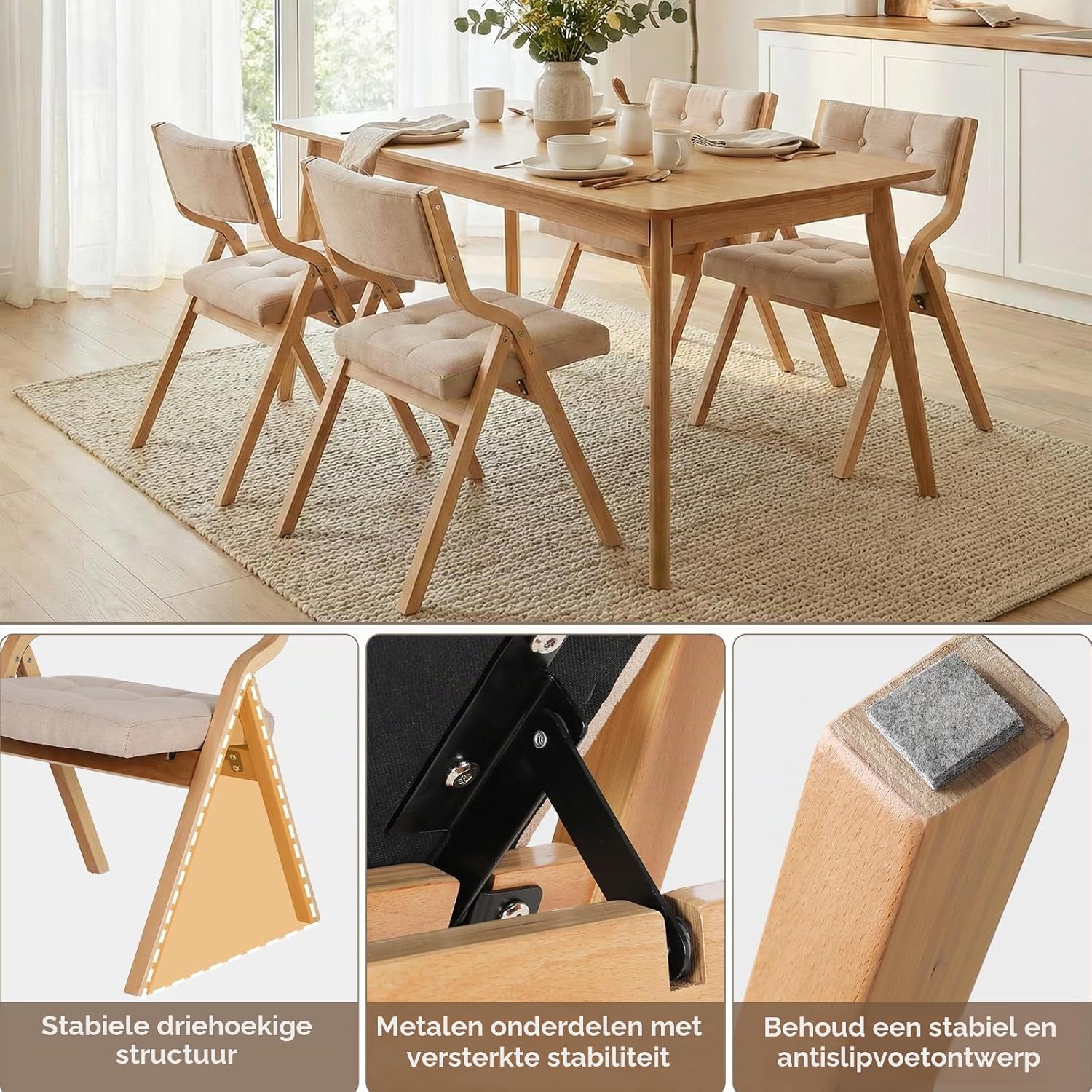 Detalle 2 de Clevich LJ-881 gevoerde houten klapstoelen, set van 4, beige