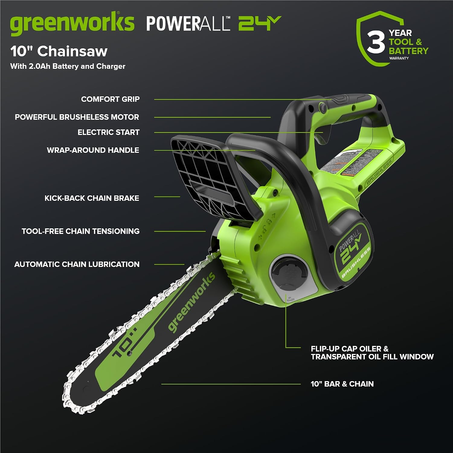 Detalle 2 de Greenworks Electric Chainsaw 10-Inch Bar