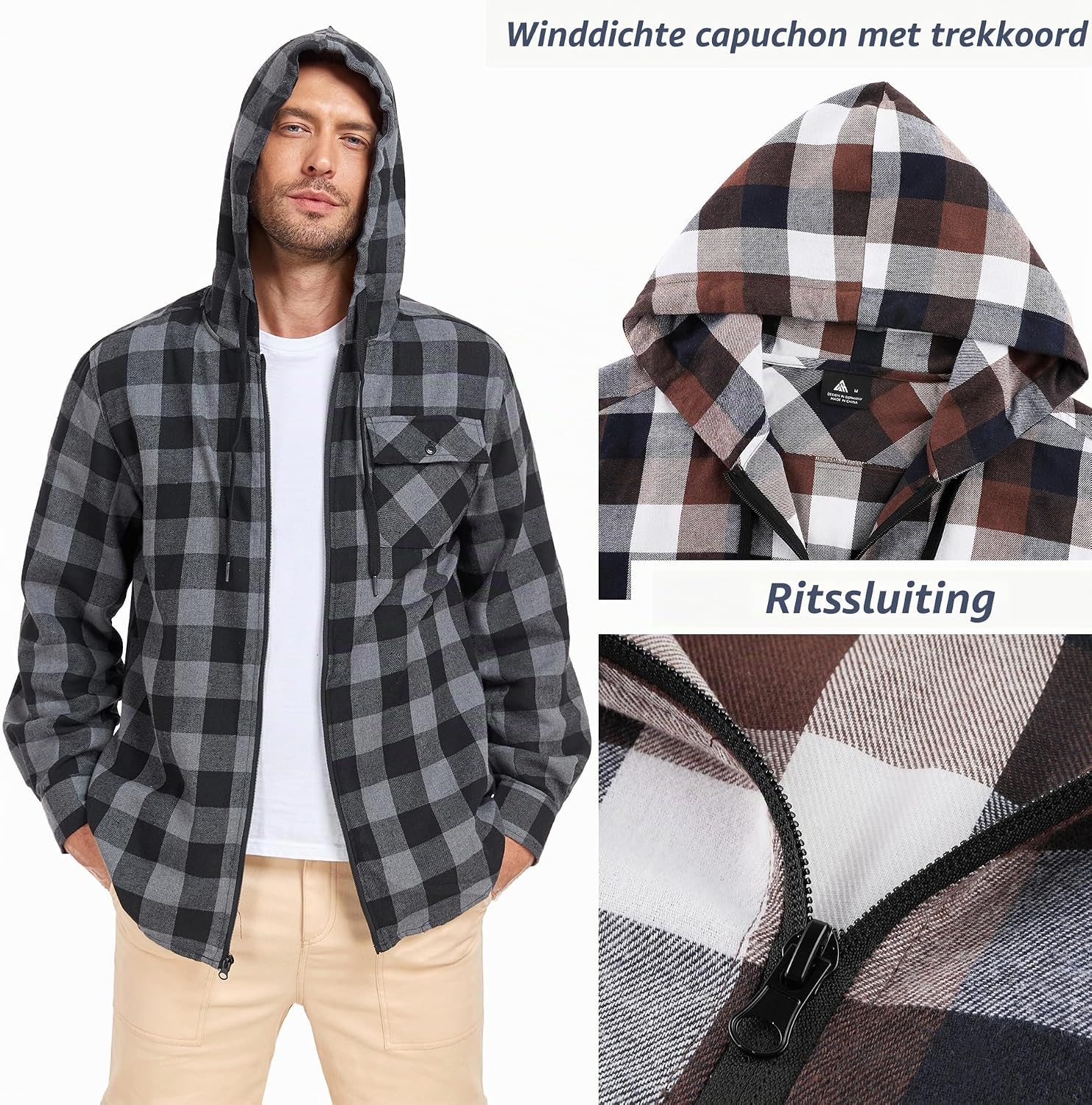 Detalle de SwissWell geruit flanellen herenoverhemd met capuchon en ritssluiting