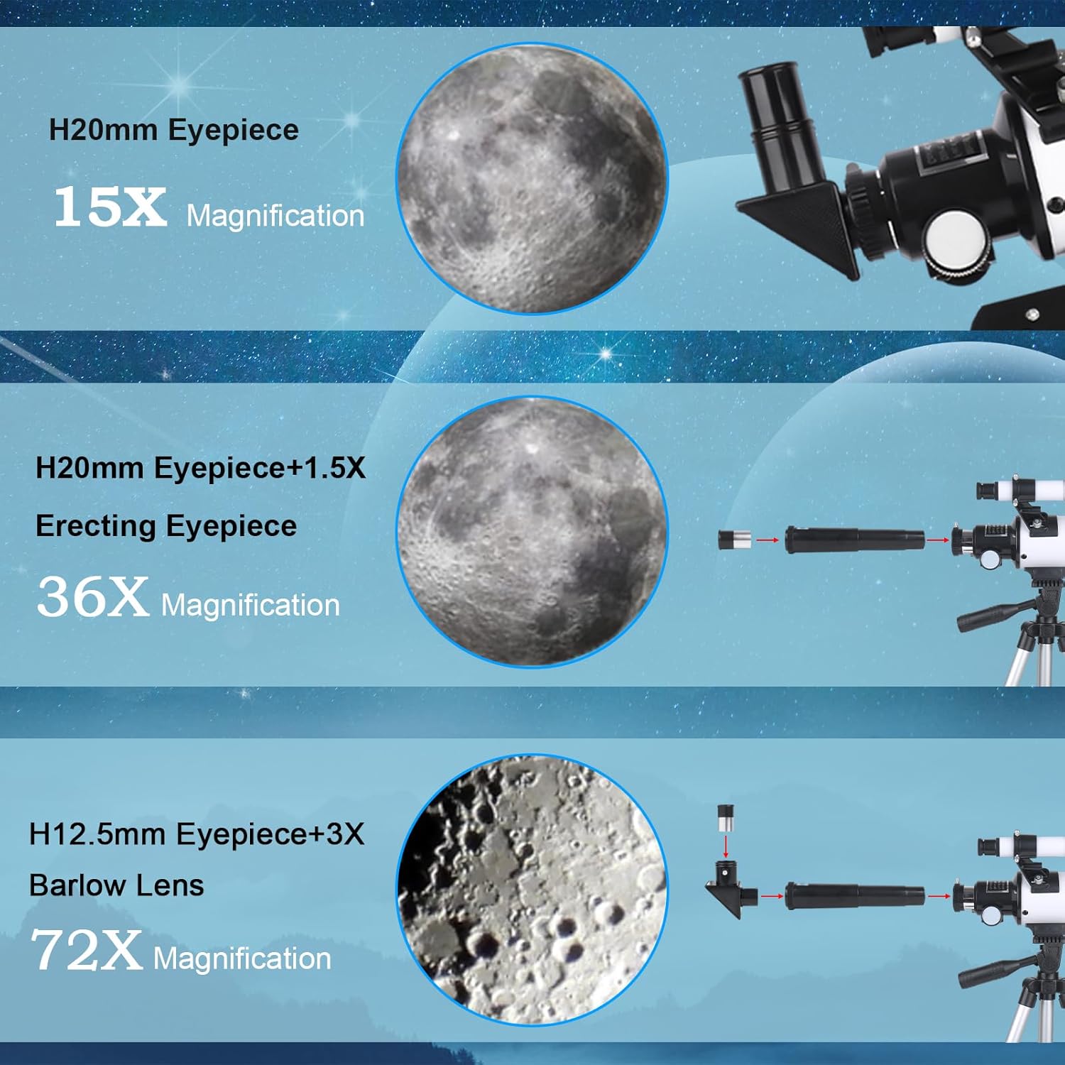 Detalle de Misilmp Telescopio telescopico per adulti e principianti da 70 mm con cercatore 5x24, treppiede regolabile e accessori