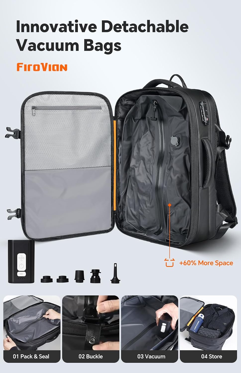 Detalle de FIROVIAN Vacuum Backpack Travel 70L Expandable Carry-On with Compression System and 2 Detachable TPU Vacuum Bags