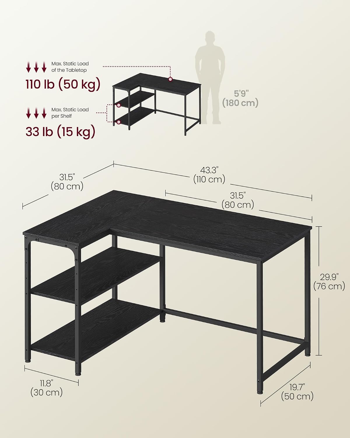 Detalle 2 de VASAGLE L Shaped Corner Desk 120x80 cm