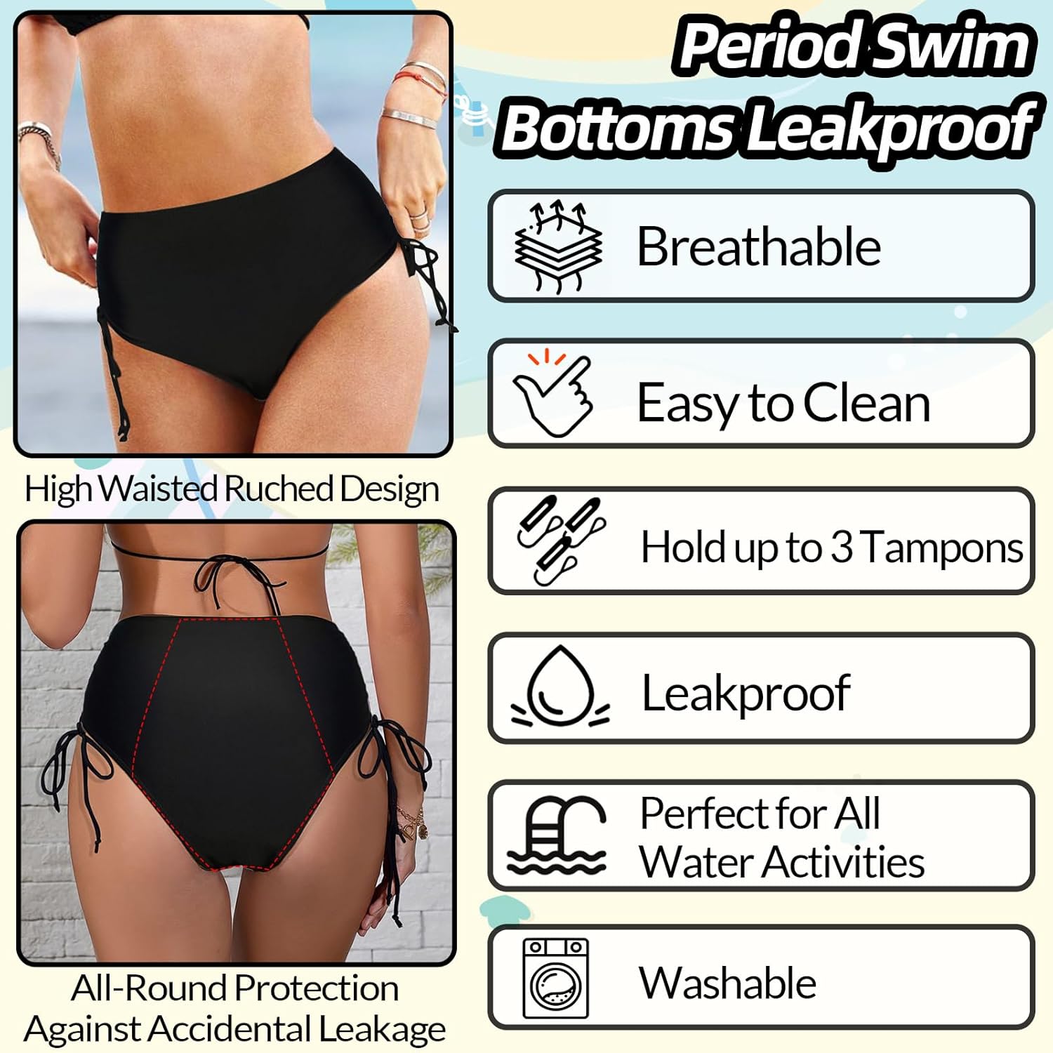 Thumbnail 2 de BIOECEUA Period Pants for Women Swimming – high waisted 4-ply leakproof bikini-style menstrual swim shorts