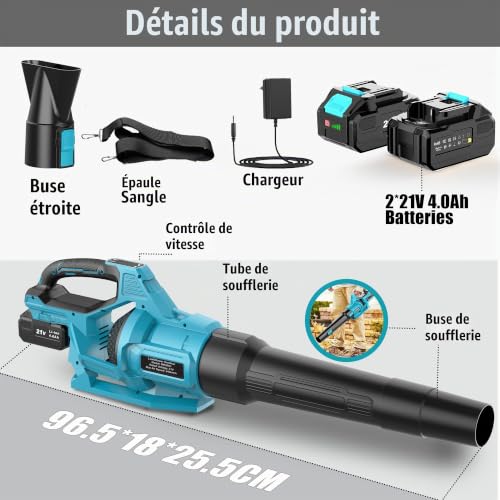 Thumbnail 6 de LEEIKOO Souffleur de feuilles sans fil 21 V, 3 vitesses, 2 batteries 4,0 Ah