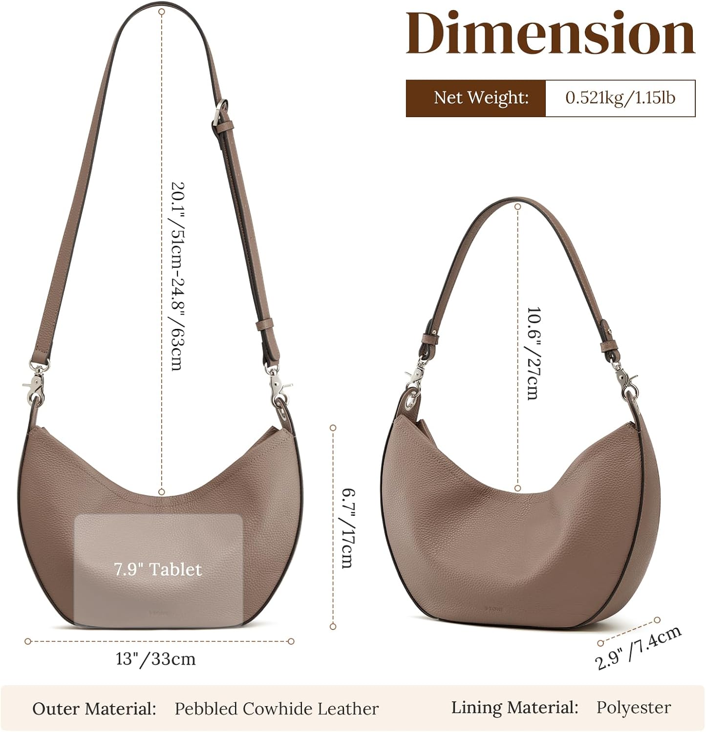 Thumbnail 3 de S-ZONE Soft Genuine Leather Hobo Shoulder Crossbody Bag for Women