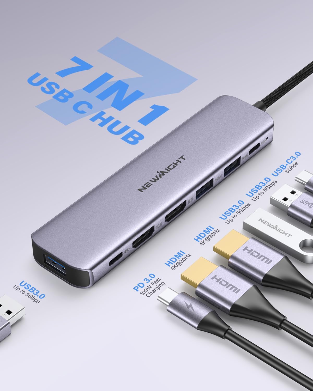 Detalle 2 de Newmight 7-in-1 USB-C Docking Station mit Dual HDMI – USB-C auf Dual Monitor