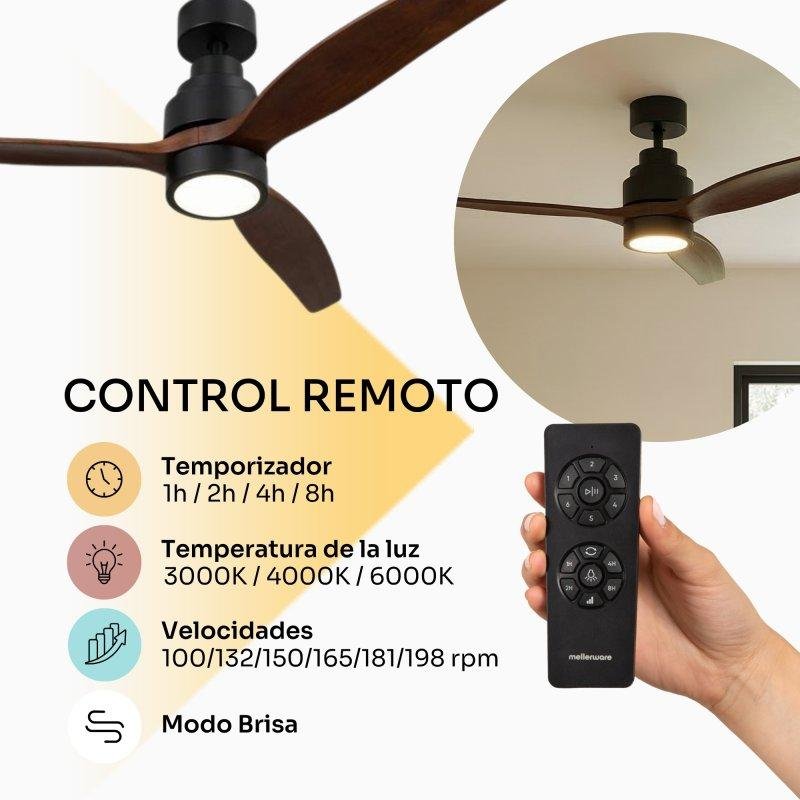 Detalle de Mellerware Brizy Bright: Ventilador de Techo con Luz 132 cm, 6 Velocidades, motor DC y mando a distancia