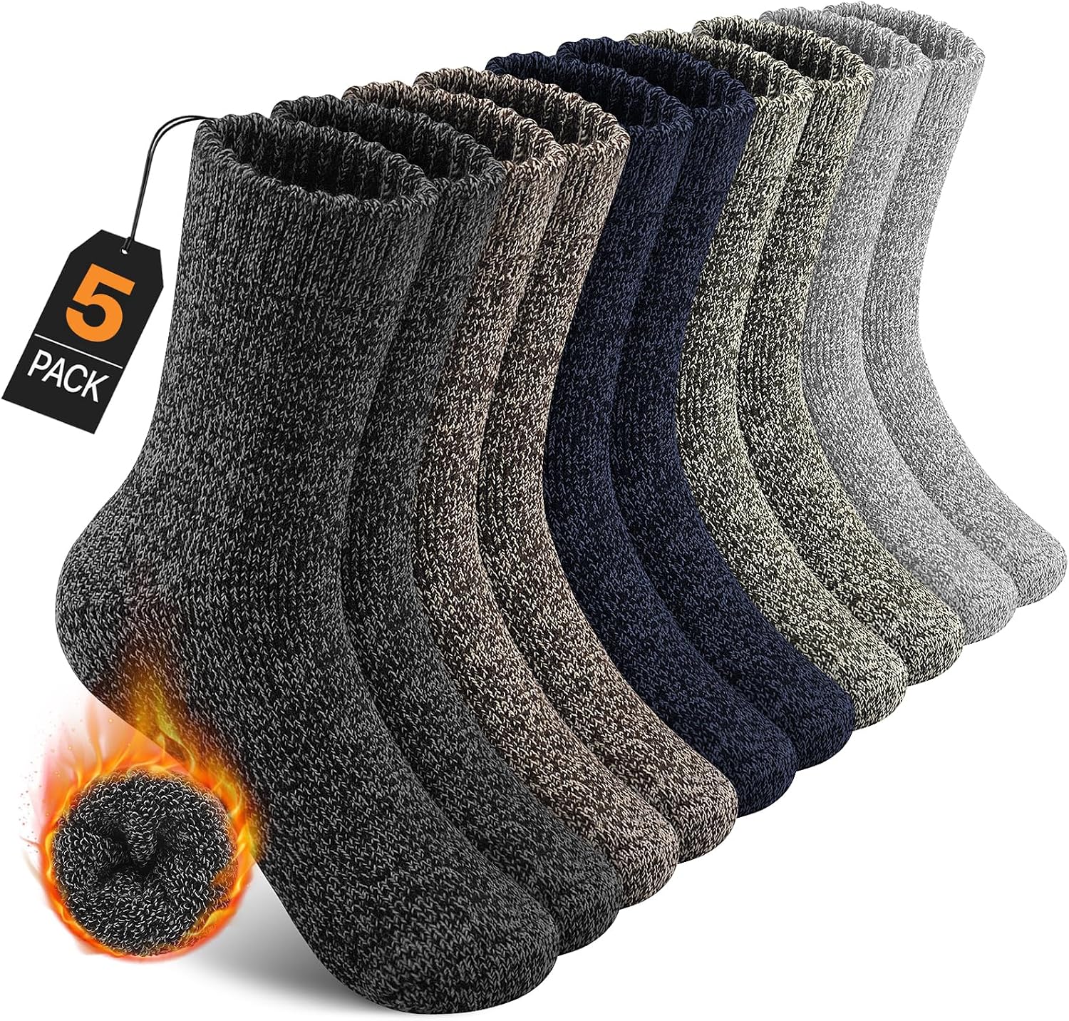 Detalle de YADIFEN Merino Wool Thermal Hiking Socks for Men, 5 Pairs, Sizes 7–13 & 13–15