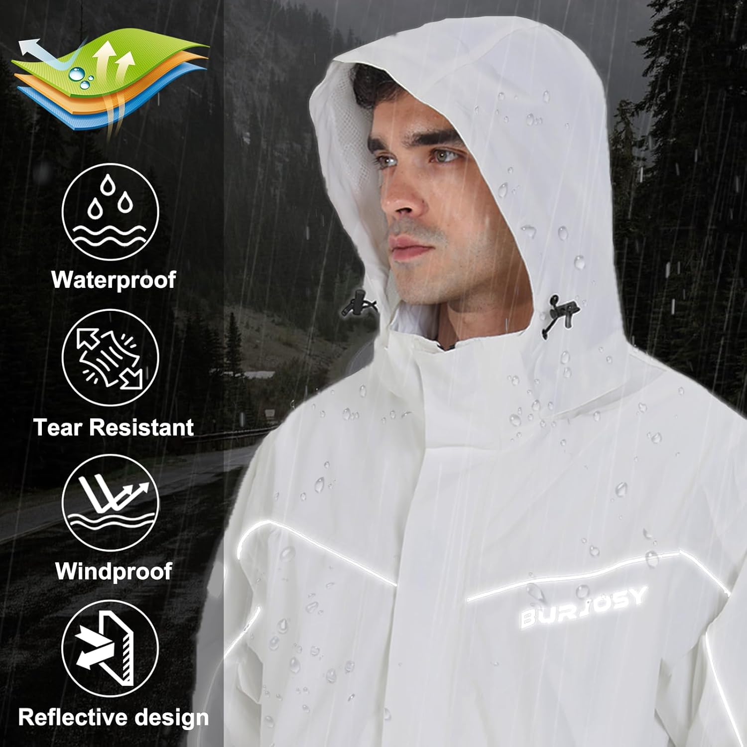 Thumbnail 5 de Burjosy Combinaison de Pluie pour Homme – Veste et Pantalon réfléchissants, imperméable et coupe-vent, avec sac