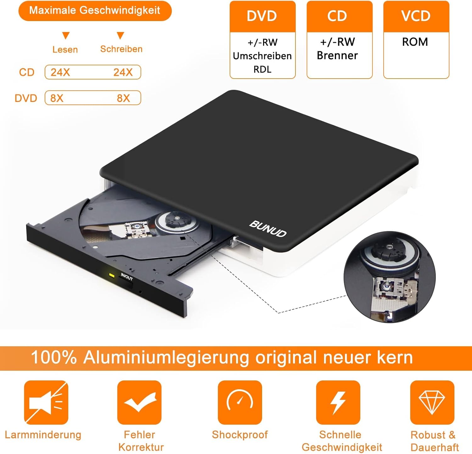 Thumbnail 2 de BUNUD Externes 5-in-1 DVD-Laufwerk für Windows 11 (USB 3.0 / USB-C, SD/TF, CD/DVD Brenner & Player)