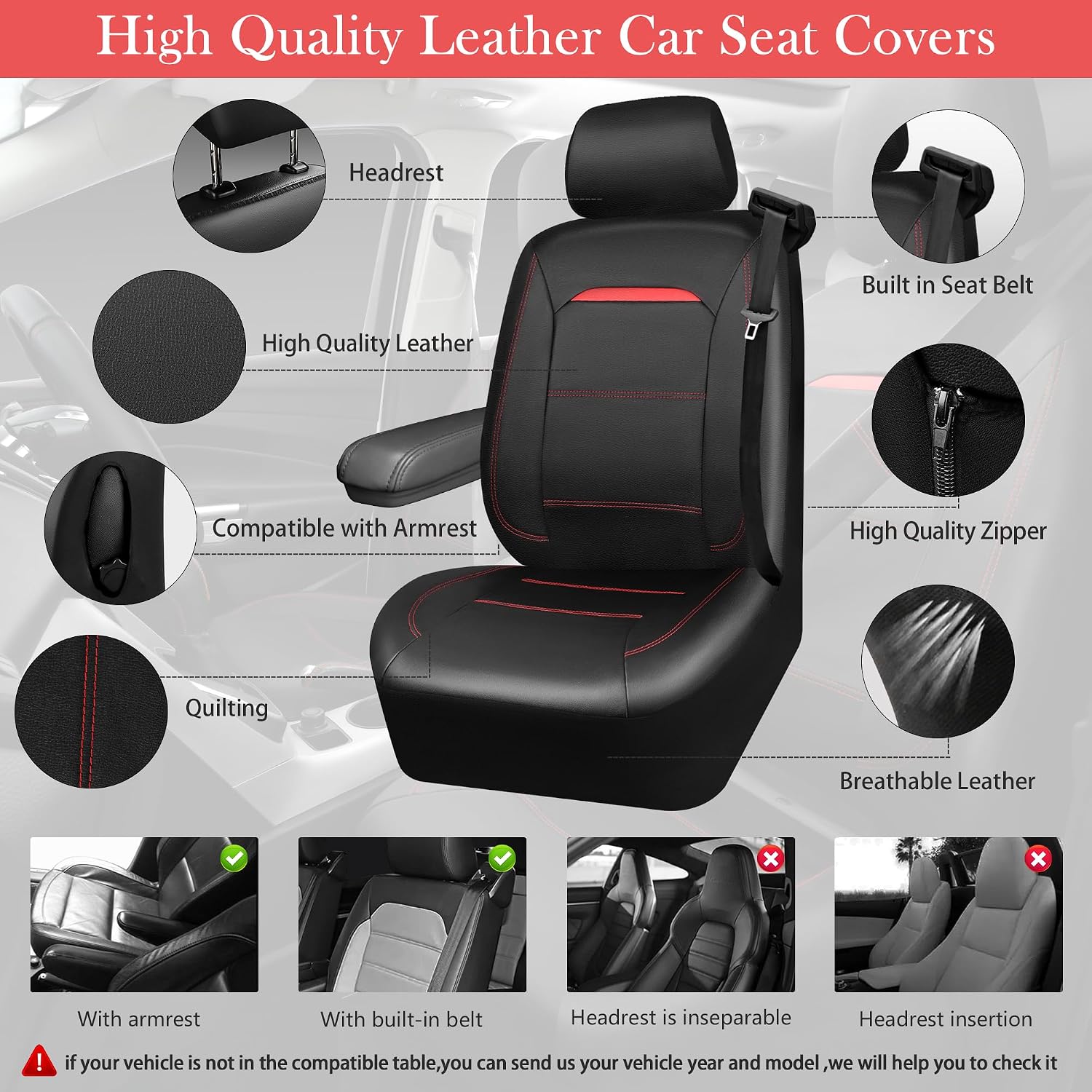 Detalle 2 de CAR PASS Full Leather Seat Cover Set with Steering Wheel Cover and 2 Seat Belt Pads for Trucks and SUVs, Combo Black/Red