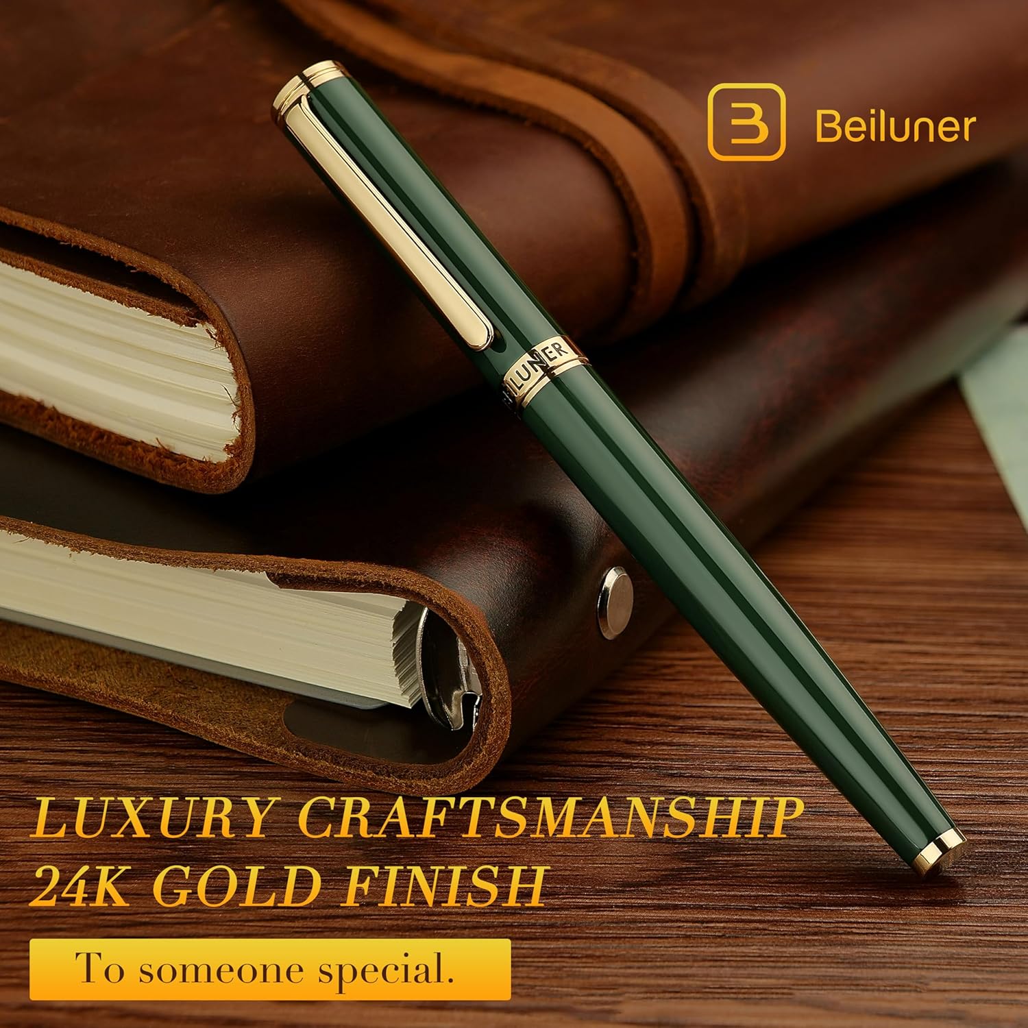 Thumbnail 2 de BEILUNER Penna Stilografica di Lusso Verde & Oro con pennino dorato 24K e convertitore