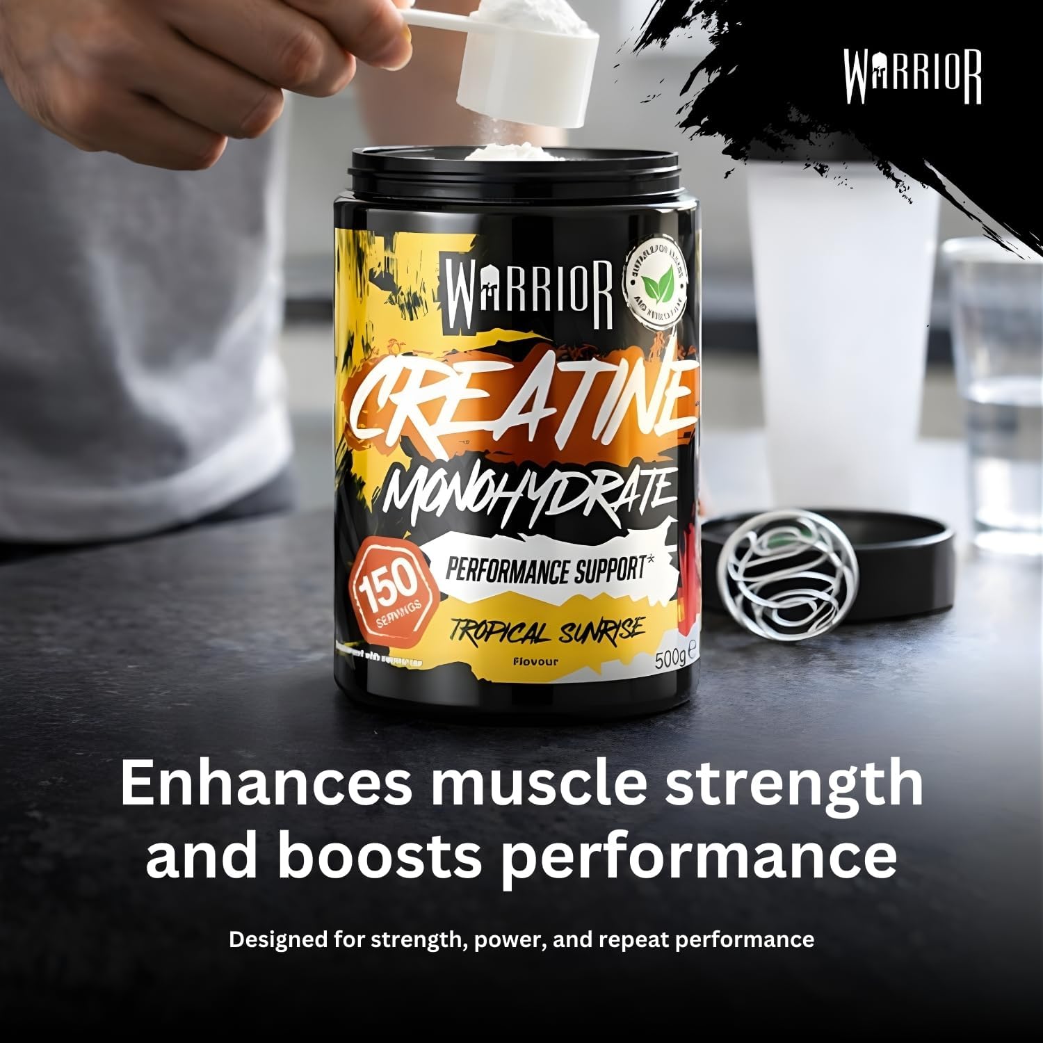 Detalle 2 de Warrior Creatine Monohydrate Pulver (mikronisiert) – vegan, zuckerfrei, 500 g, Tropical Sunrise