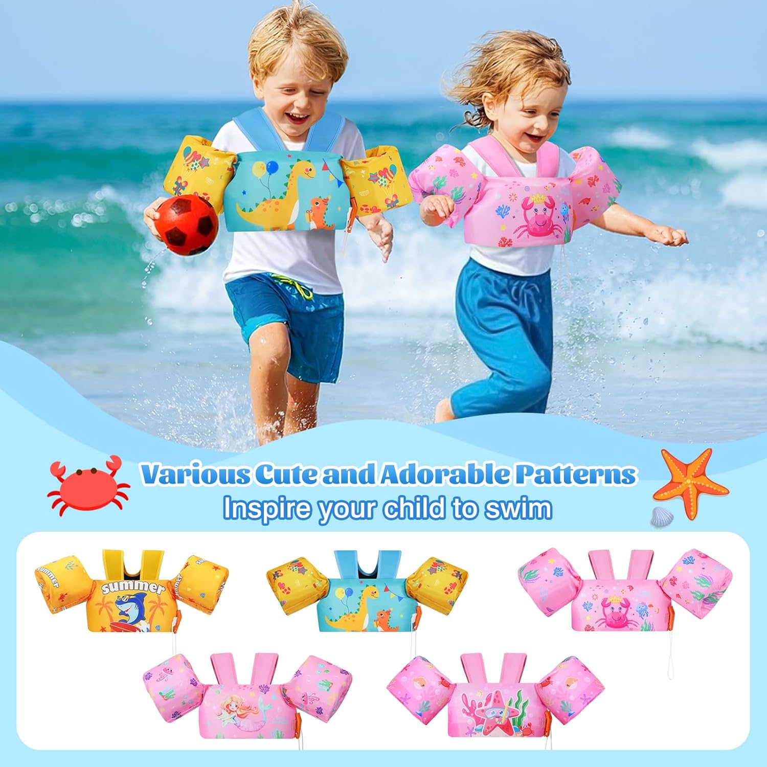 Thumbnail 5 de MoKo Kinder Schwimmflügel mit Schwimmtraining-Jacke, Cartoon-Motiv und D-Ring-Verschluss