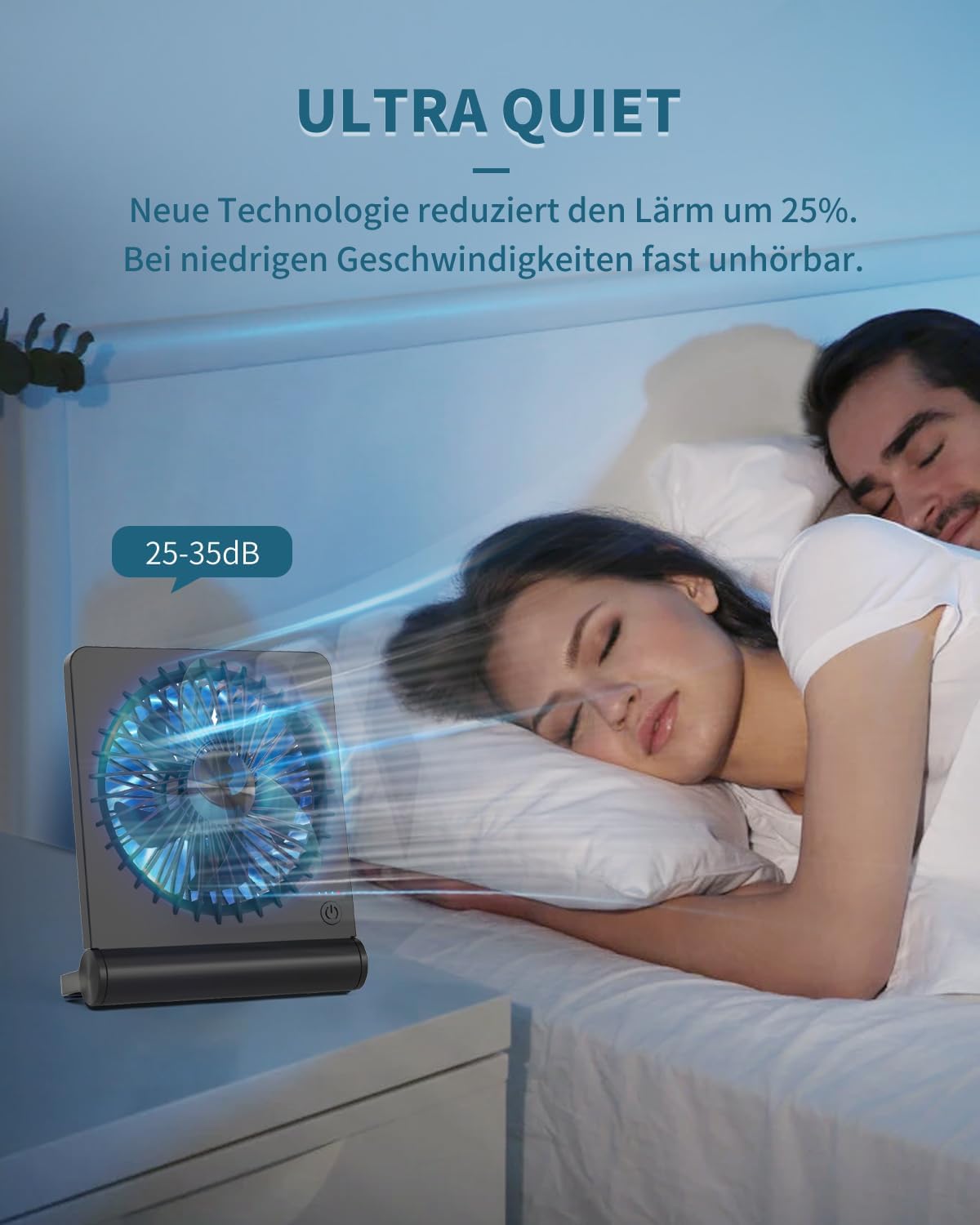 Detalle de BIVBTP Kleiner Tischventilator – 2000 mAh Akku, 3 Stufen, 220° Verstellbarkeit, leise & tragbar