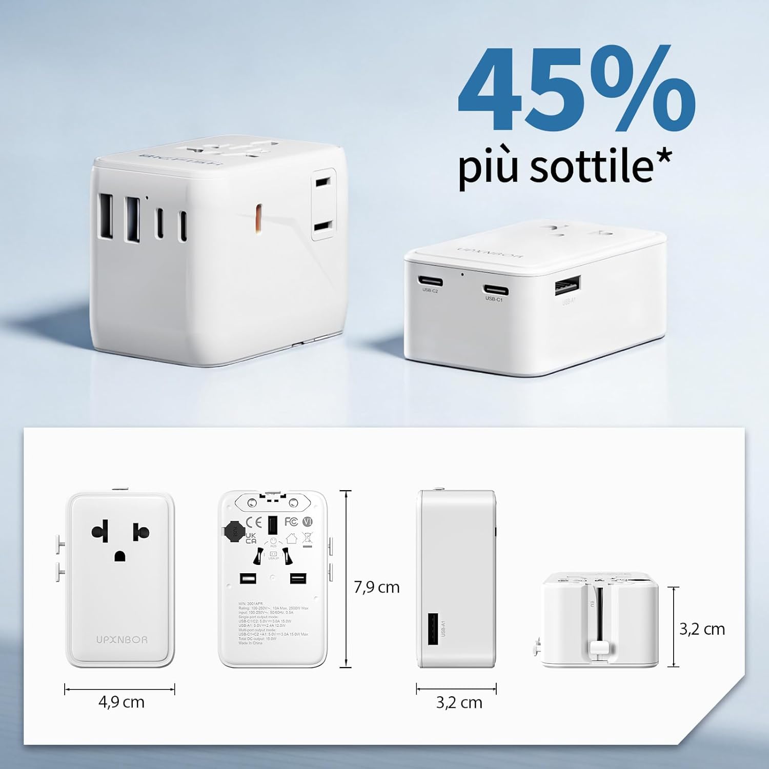 Thumbnail 2 de UPXNBOR Nuovo 2026 Adattatore Universale da Viaggio Ultra Sottile: 1 USB-A e 2 USB-C, protezione fusibile e compatibilità globale