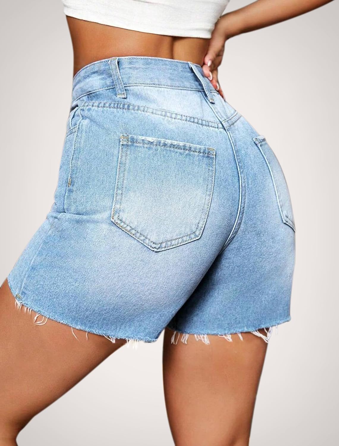 Thumbnail 3 de IWD Women’s High Waisted Stretch Denim Shorts with Ripped Hem