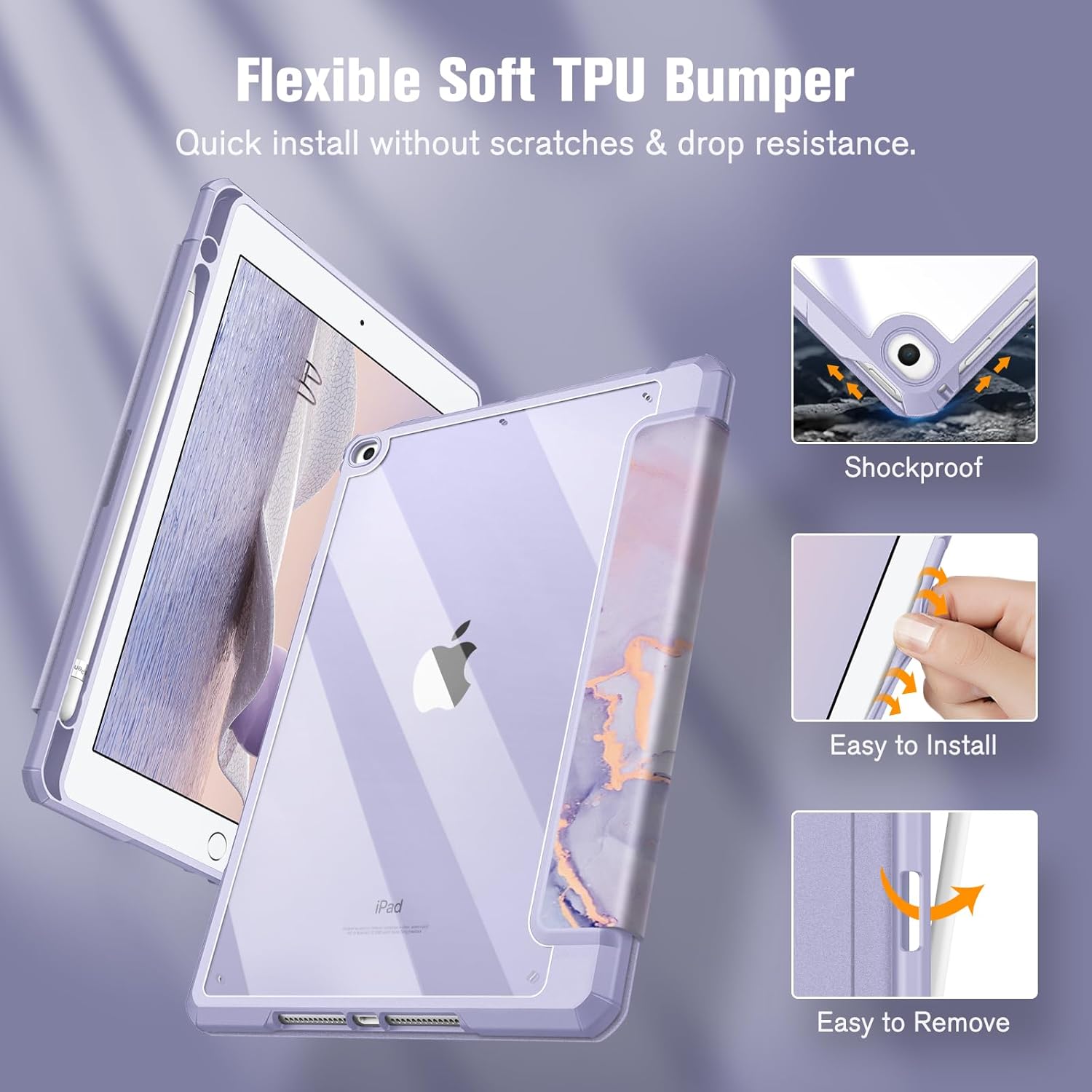 Thumbnail 5 de FINTIE Hybrid Case for iPad 6th/5th Gen & iPad Air 2/Air 1 (9.7-inch) – lilac marble shockproof hard shell with pencil holder