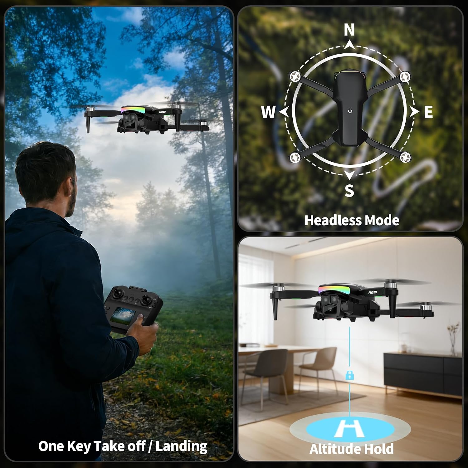 Detalle de Fakjank F417PRO Drone with Camera 1080P – Screen Controller, 90° Tilt Lens, LED Lights & Safe for Beginners