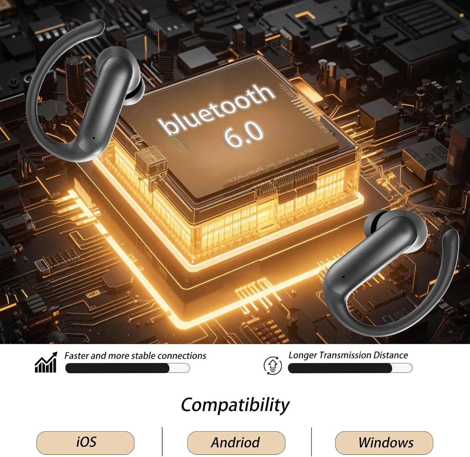 Detalle de AZJLOOF Écouteurs Bluetooth 6.0 sans Fil Sport – 75 Hrs, IPX7, ENC, LED et 12 mm