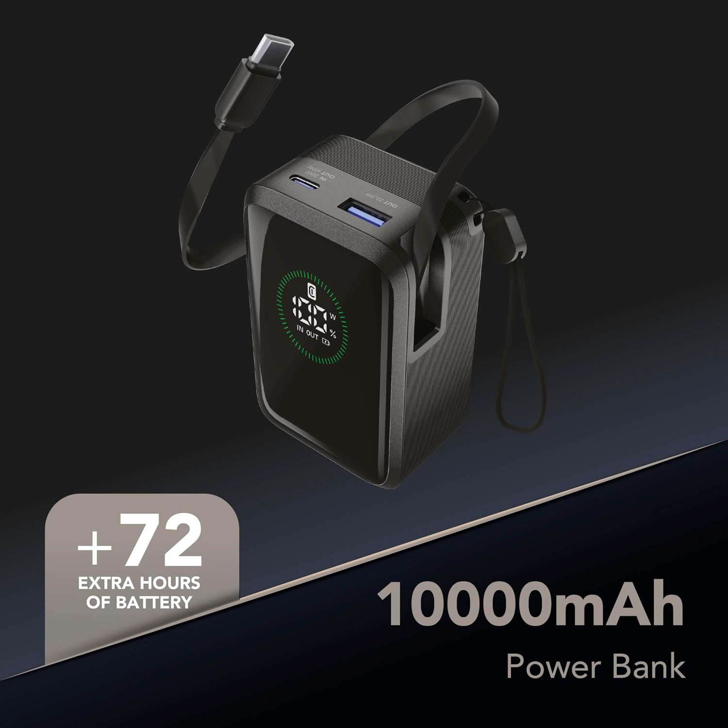 Detalle de Power bank Roller 10.000 mAh di Cellularline: ricarica ultrarapida 45 W con cavo retrattile e display LCD