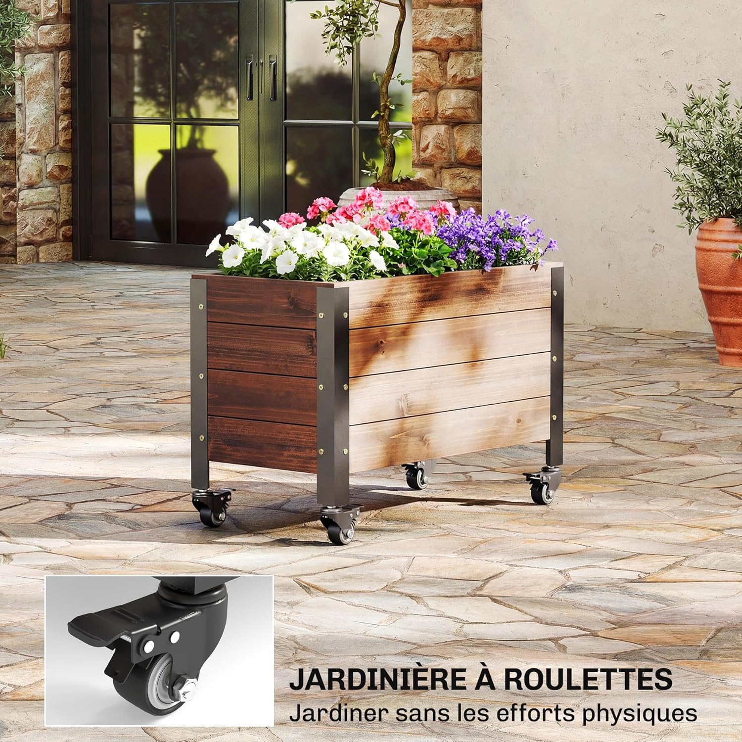 Thumbnail 2 de Outsunny Jardinière surélevée en bois avec roues – carré potager 60 x 30 x 41 cm, Marron