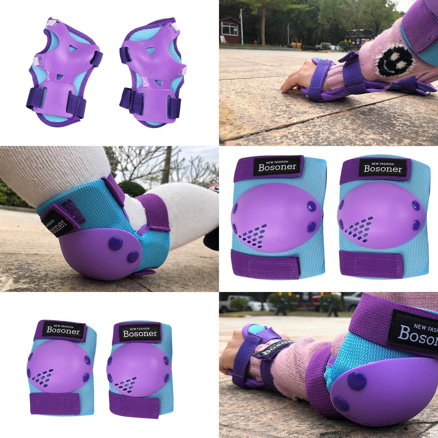 Detalle de BOSONER Kids/Youth Knee Pad, Elbow Pads, and Wrist Guards Set for Roller Skates, Cycling, BMX, Skateboard, and More