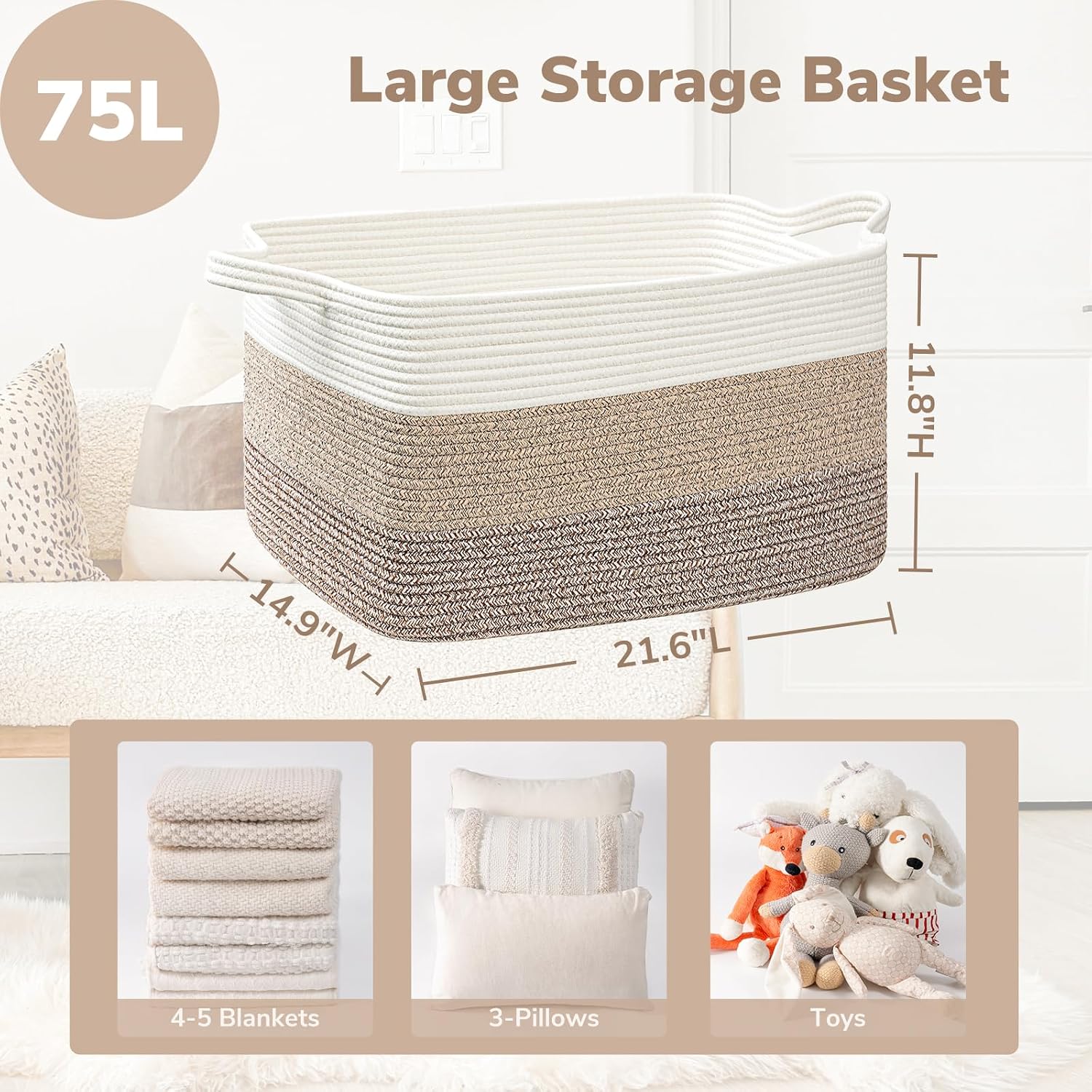 Detalle de Goodpick rope28-Lsquare3pin light brownGoodpick Large Cotton Rope Storage Basket