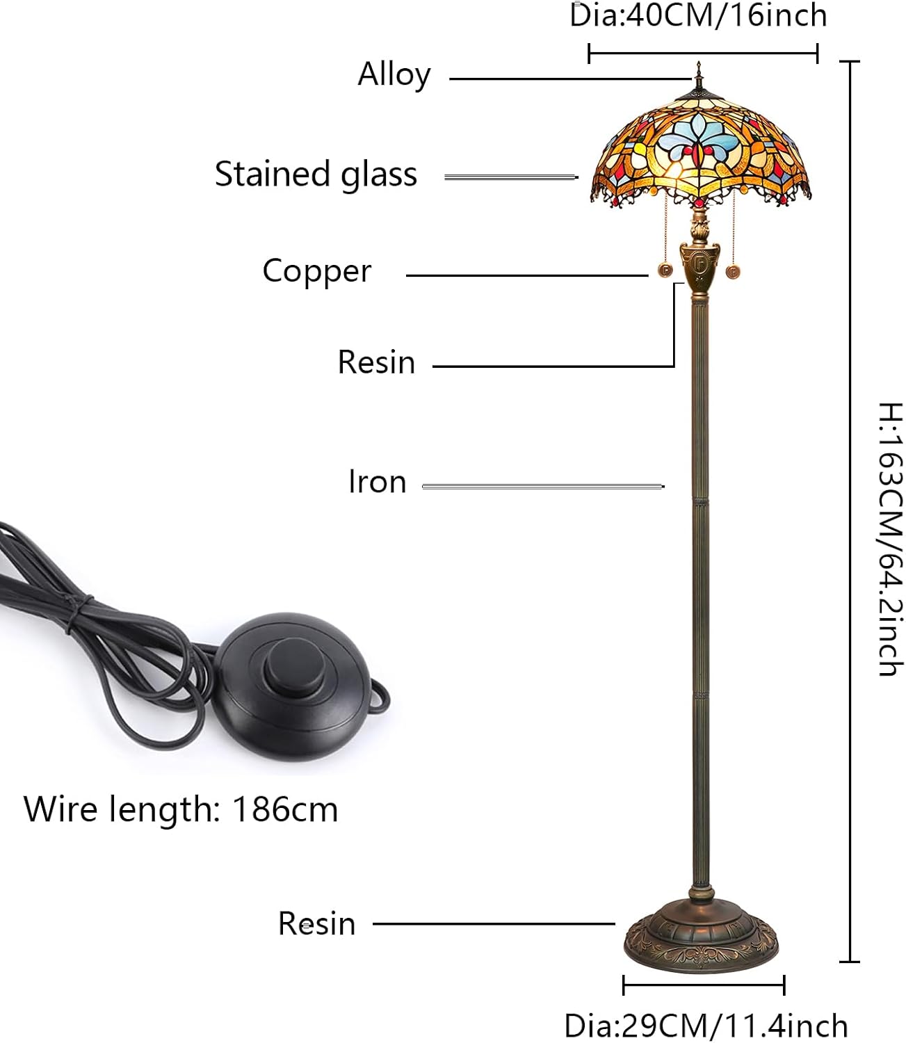 Detalle de Blivuself Tiffany Stehlampe – Buntglas, Vintage Bronze, E27 Doppel-Lichtquelle