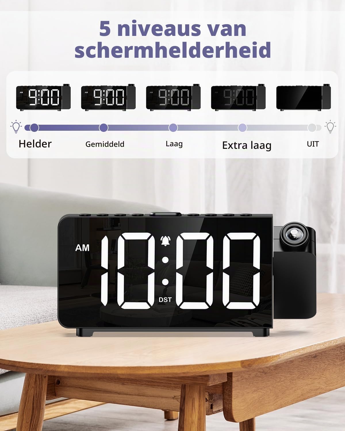 Detalle de OQIMAX projectiewekker met 7,4-inch ledscherm en 180°-projectie