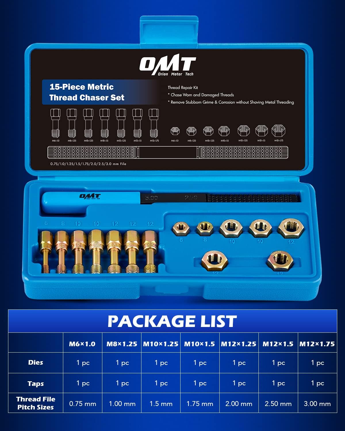 Detalle de Orion Motor Tech TRK-A002-00 Metric Thread Chaser Set, 15-Piece, 7 Sizes