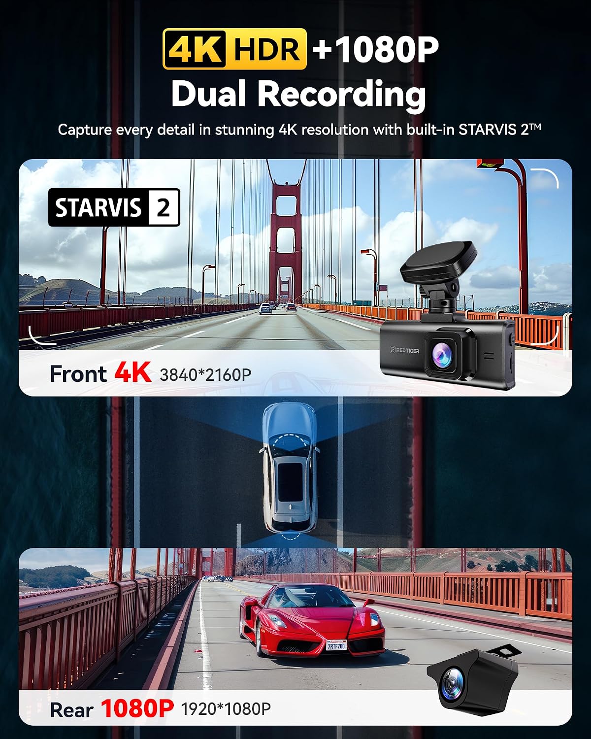 Thumbnail 1 de REDTIGER 4K HDR Dash Cam Front and Rear with STARVIS 2 Sensor and 128G Card