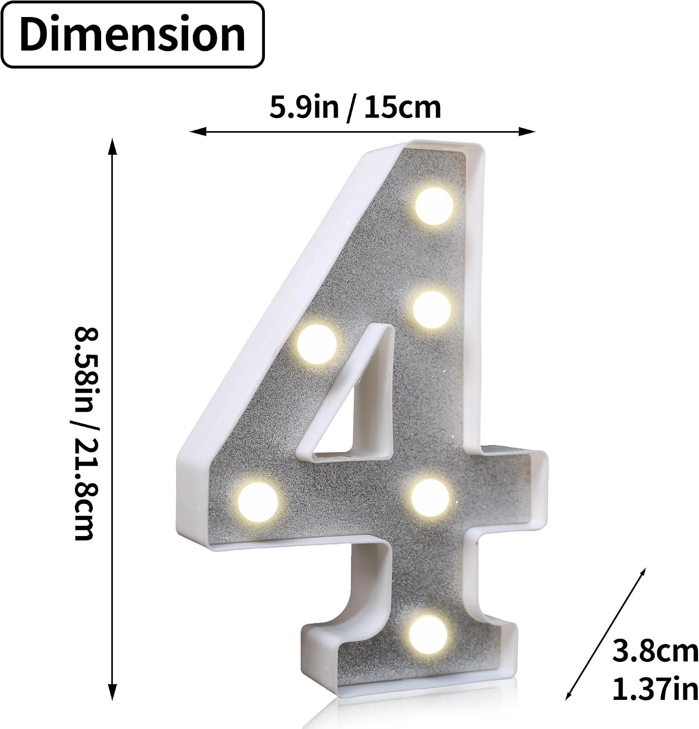 Detalle 2 de Silberfarbene LED Zahl 4 Dekoration 21,6 cm
