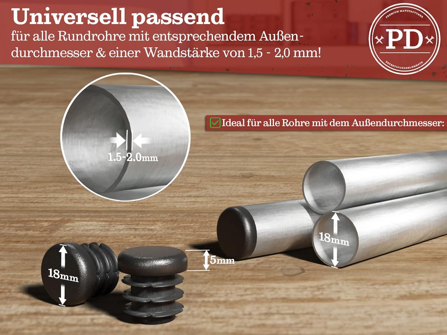 Thumbnail 1 de PD® Lamellenstopfen Rund 18 mm – Endkappen aus PE für Rundrohr (10 Stück), schwarz