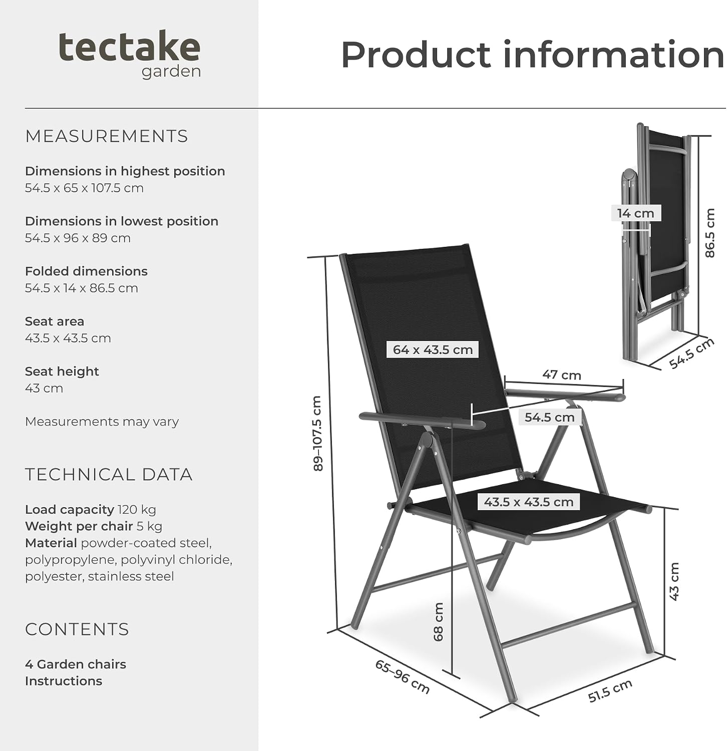 Detalle de tectake Marcellino trädgårdsstolar, 4-pack i aluminium med fällbar design