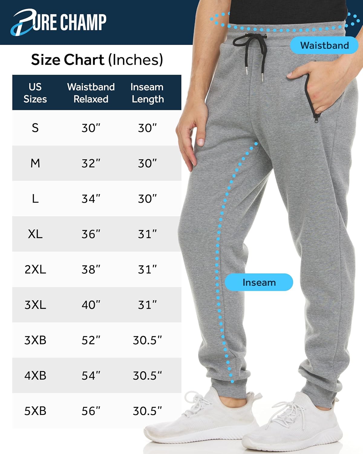 Detalle 2 de PURE CHAMP Mens Sweatpants 3 Pack Fleece Active Joggers with Zipper Pockets