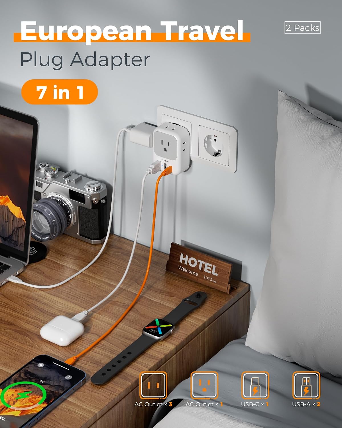 Detalle de TESSAN 2 Pack European Travel Plug Adapter: 7-in-1 EU Power Converter