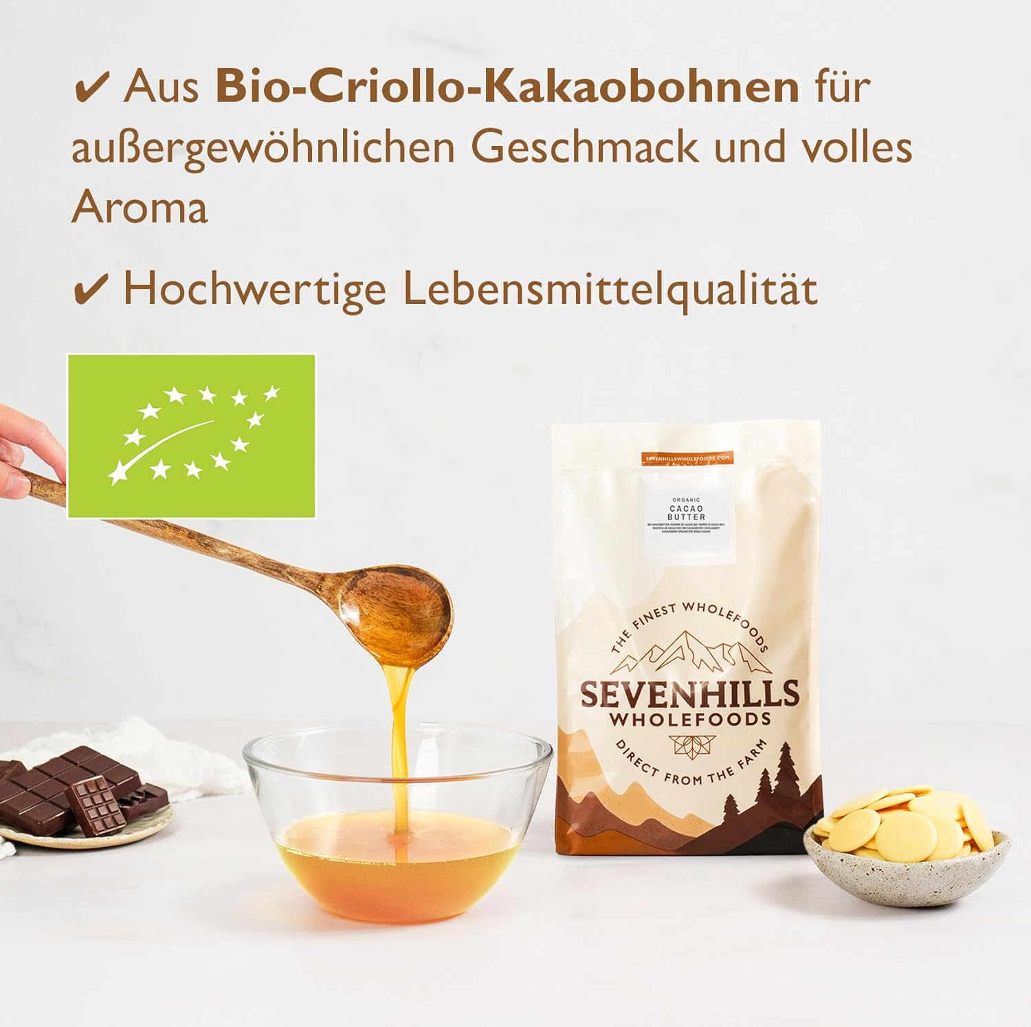 Detalle 2 de Sevenhills Wholefoods Kakaobutter Bio 200 g 🍫