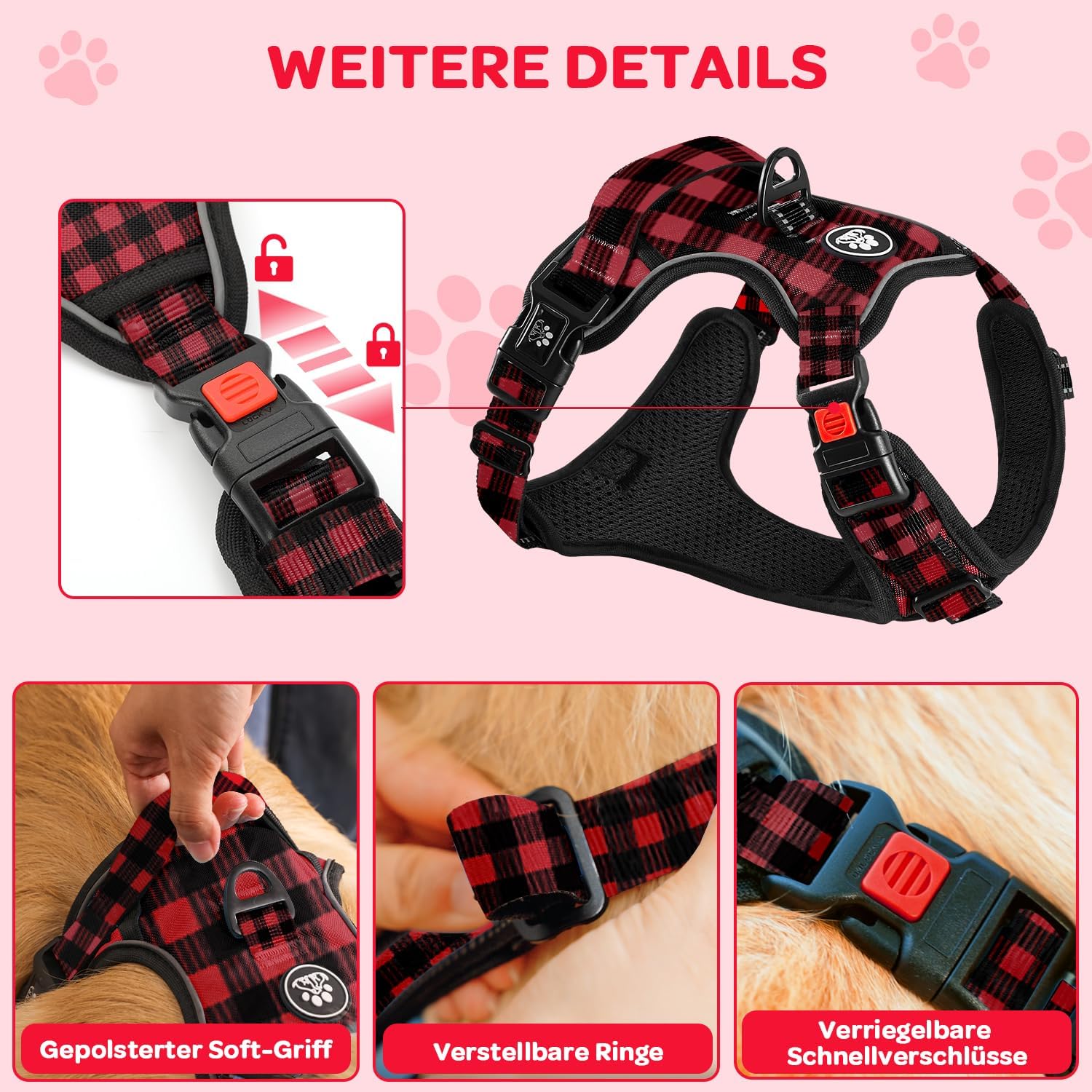 Detalle 2 de FURRYFECTION Anti-Zug Hundegeschirr mit Y-Form, 2 Leinenringen & atmungsaktivem Brustgeschirr für große Hunde