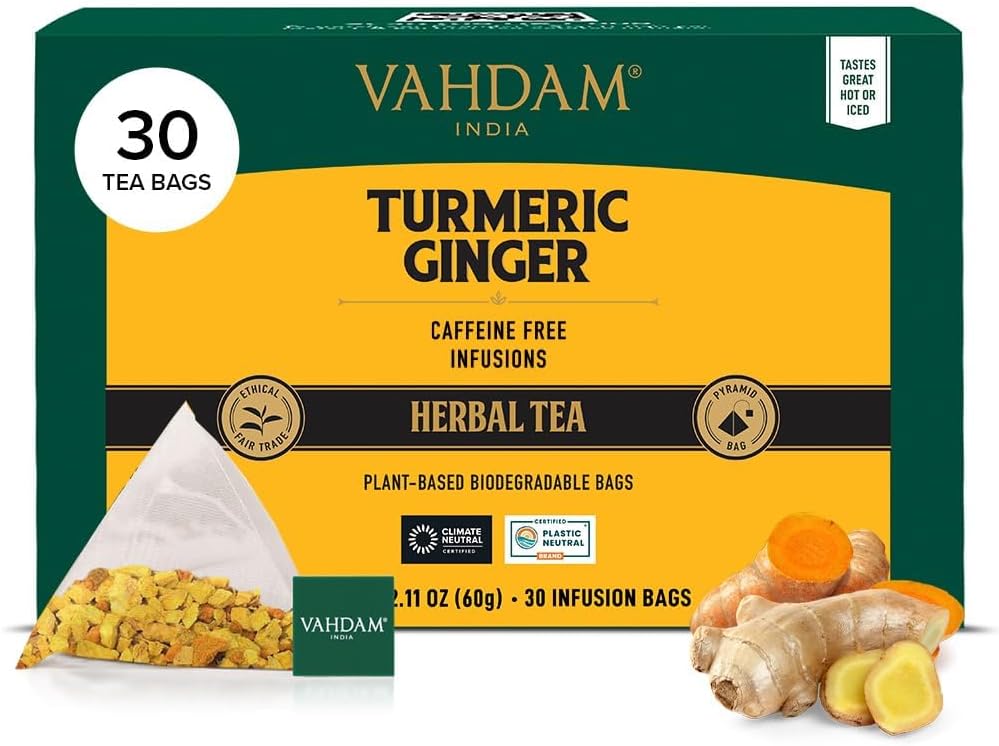 VAHDAM Tisana alla Curcuma (30 Bustine) Senza Caffeina – Zenzero e Curcuma in Bustine Piramidali