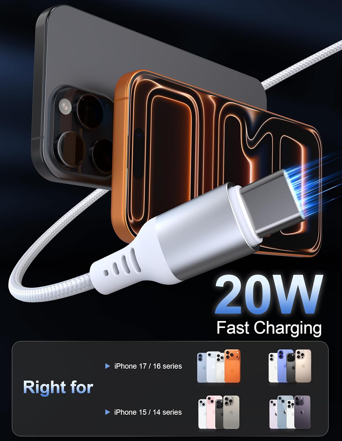 Thumbnail 5 de 20W USB-C fast iPhone charger (double wall plug) with 10ft USB-C cable for iPhone 16/15 and iPad