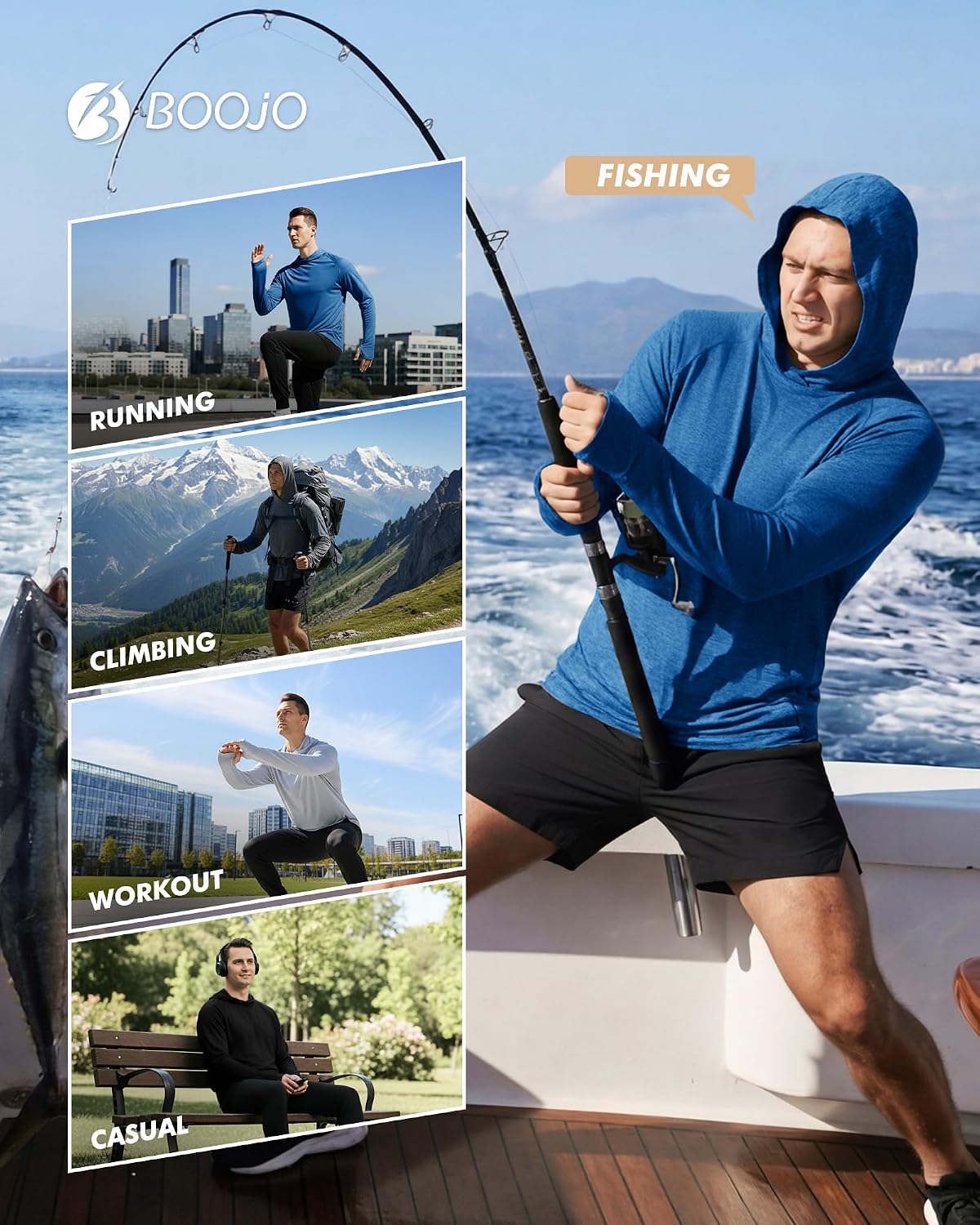 Detalle 2 de BOOJO 4 Pack Sun Hoodie for Men — UV UPF 50+ Long Sleeve Lightweight Running & Fishing Shirts