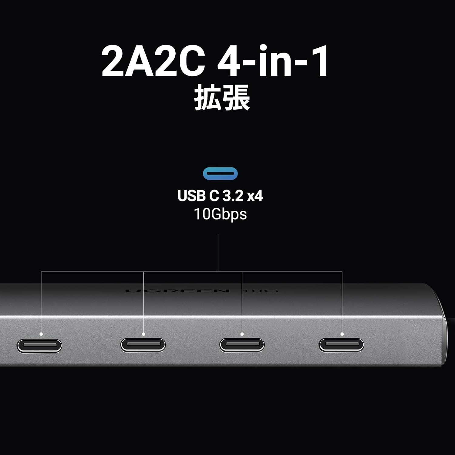 Detalle 2 de UGREEN USB-C 10Gbps 4-in-1ハブ、USB-C 3.2データ転送専用・アルミ筐体