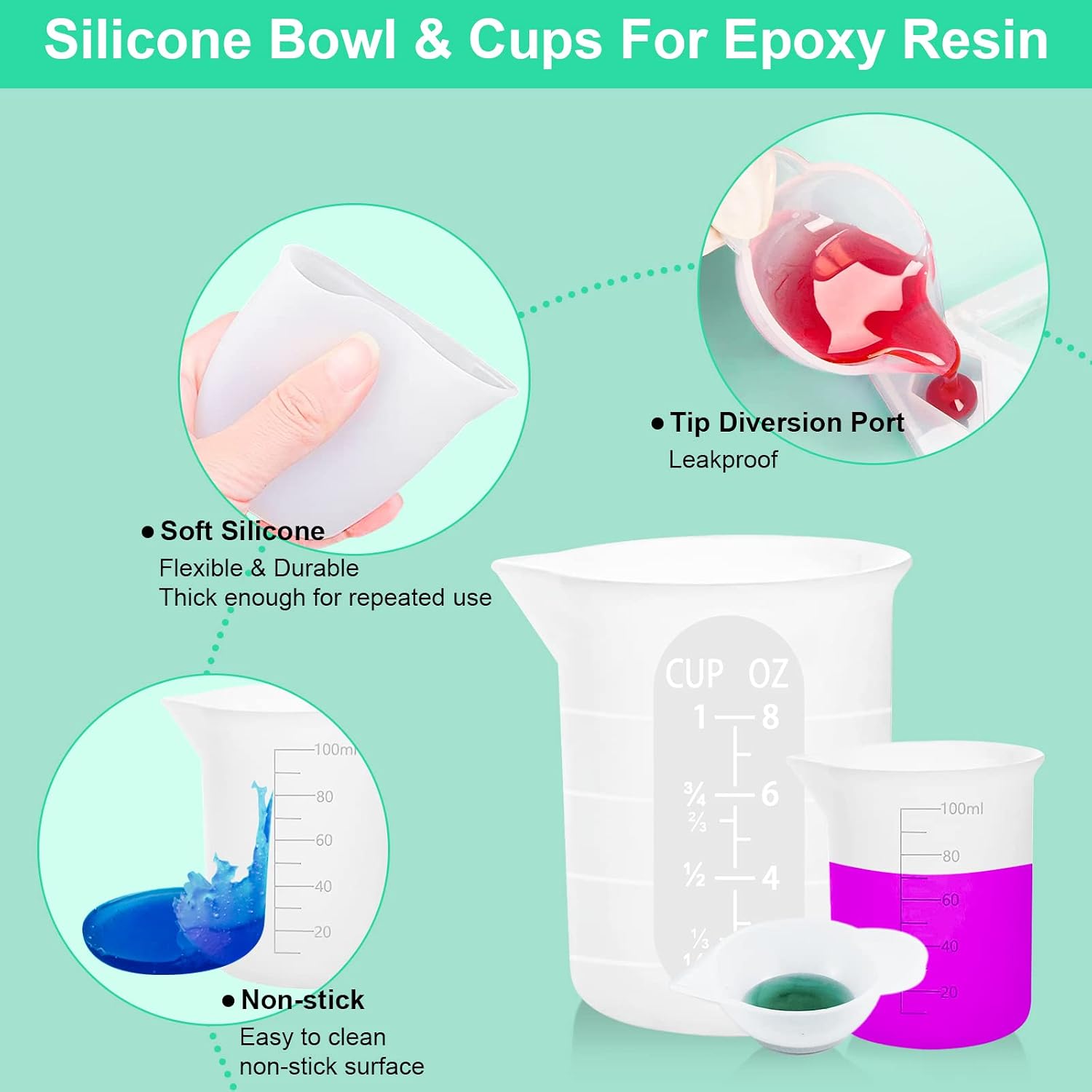 Detalle 2 de Sjubaopen 7-Piece Silicone Measuring Cup Set, 250 ml, 100 ml and 10 ml Cups