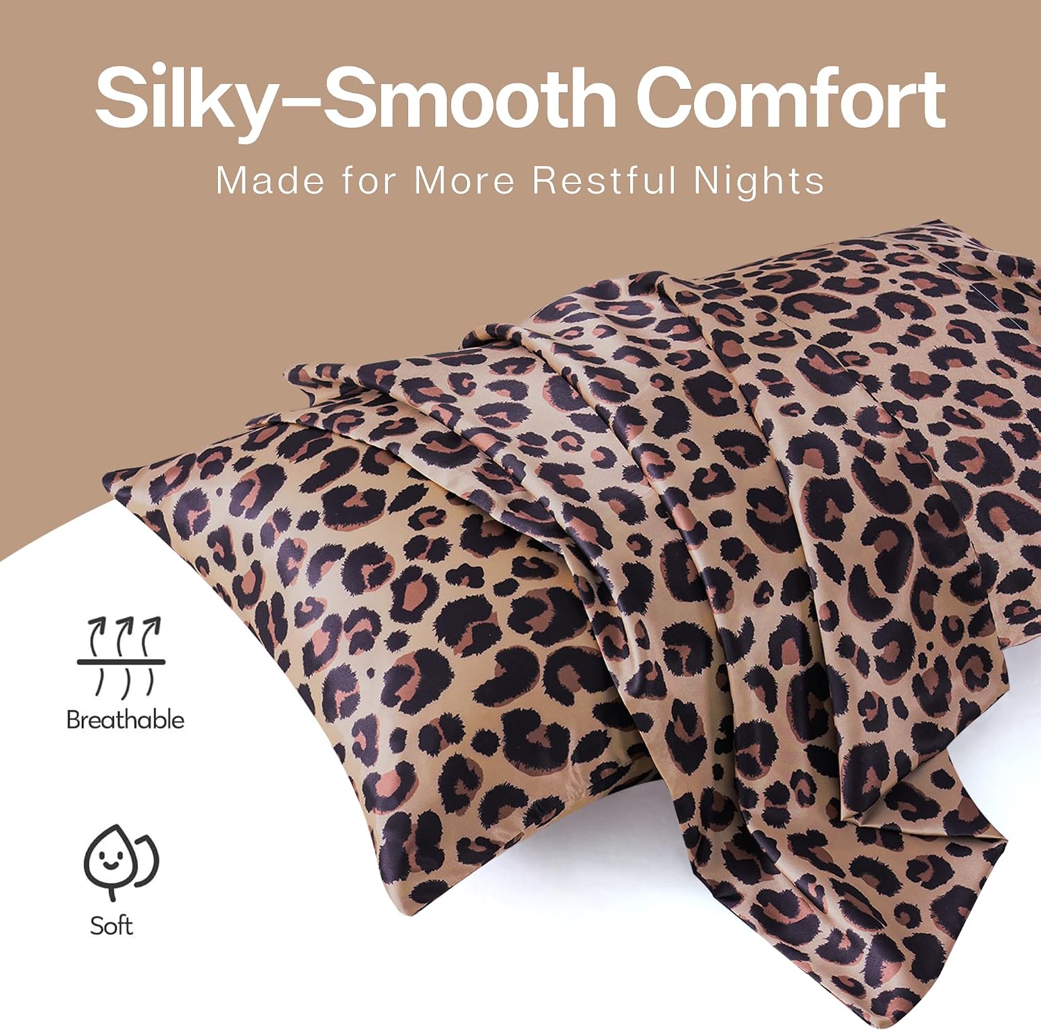 Detalle 2 de MR&HM Queen Satin Pillowcases, 2-Pack, Brown Leopard, Envelope Closure